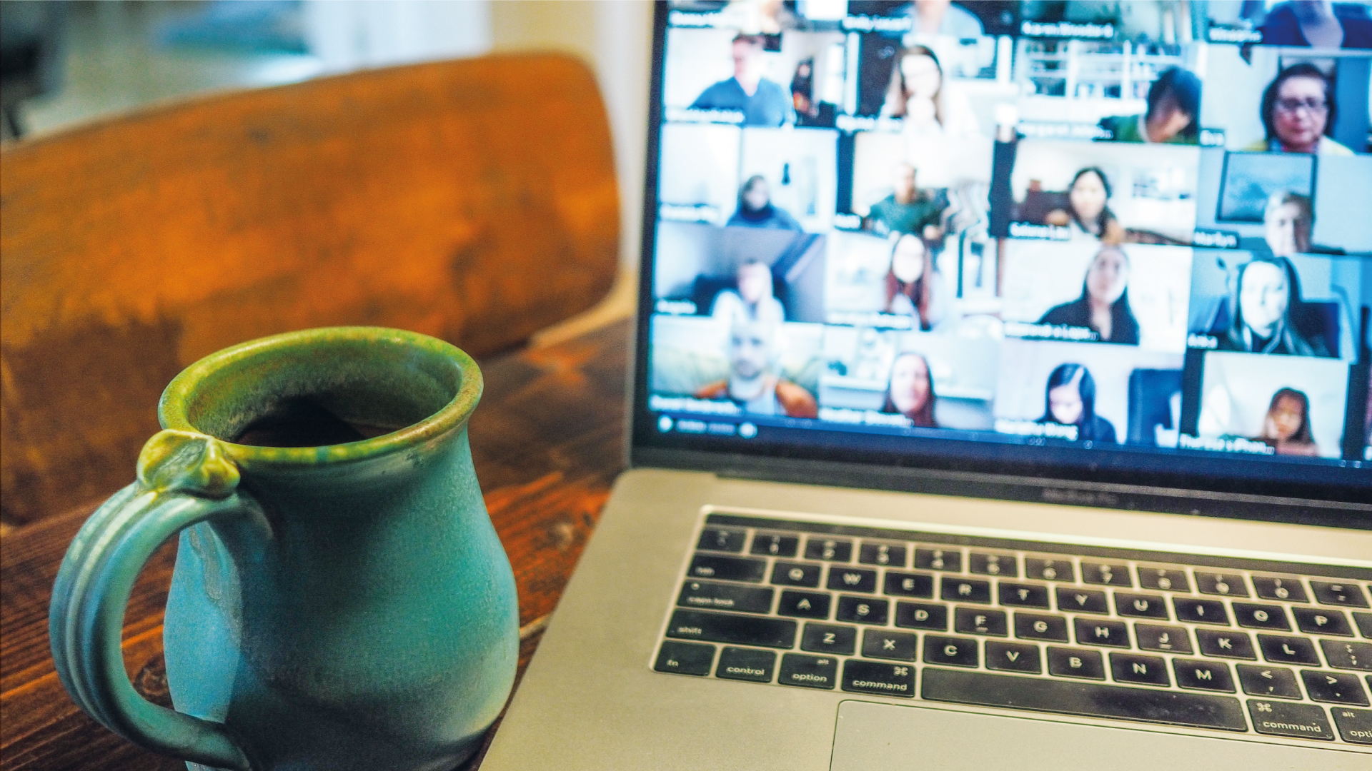 laptop coffee table mug facetime zoom virtually connect language program exchange