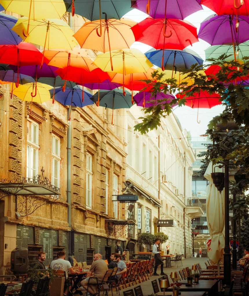 cool street covered with umbrellas