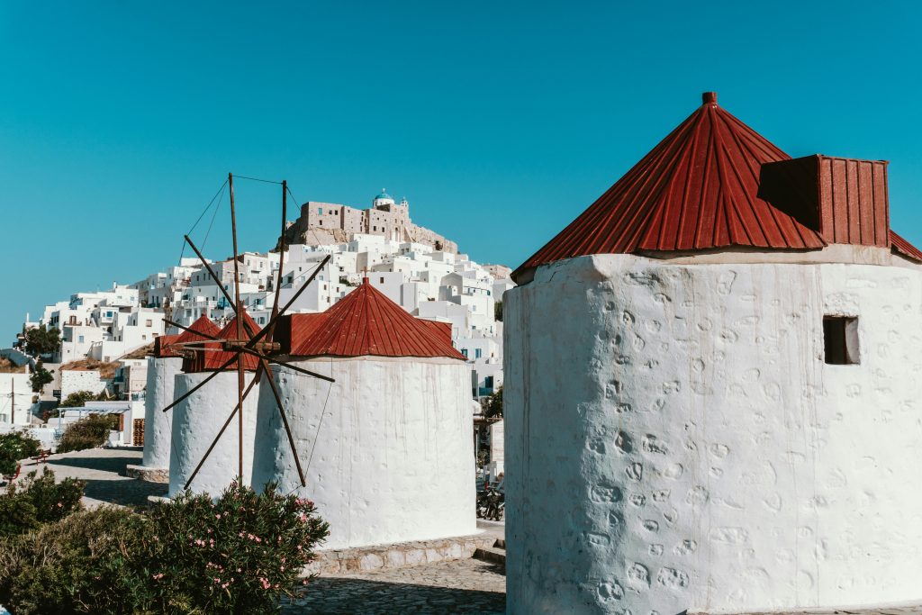 Astypalea Greek Island view of castle and windmills